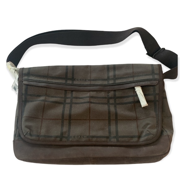 Coach Camden Plaid Canvas Leather Trim Messenger Bag Fatigue Multi/Brown - Picture 1 of 10